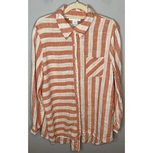 peck and peck Linen Blend Top Women Large Orange Striped Long Sleeve Button
